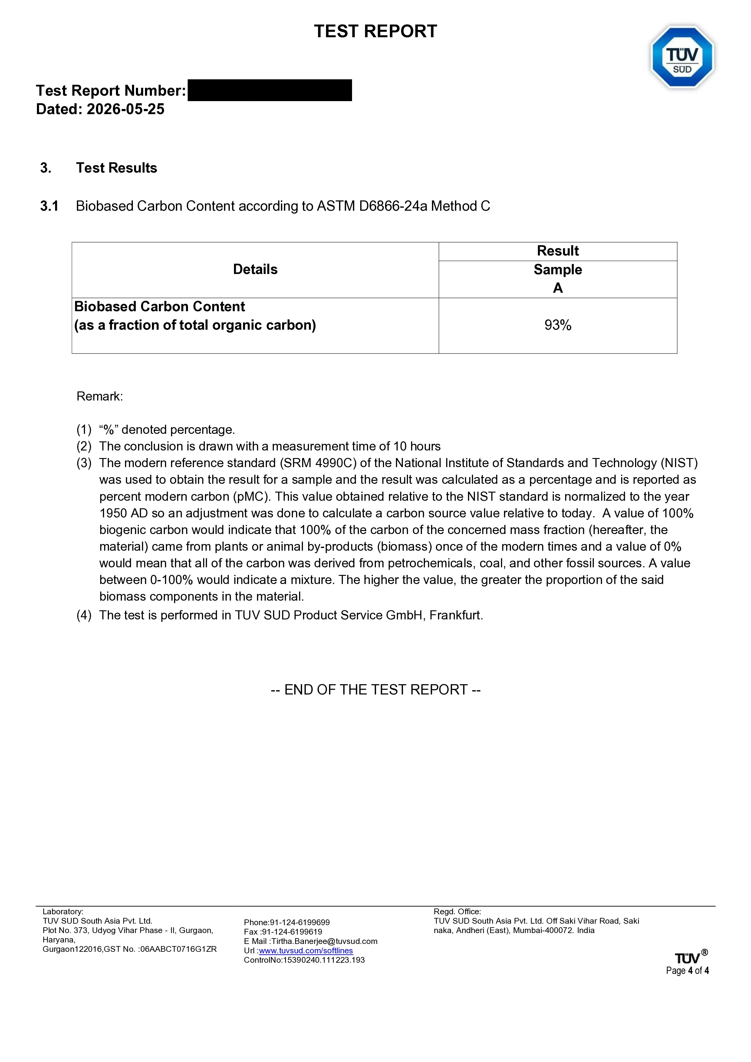 ASTM D6866 bio-based carbon content test report