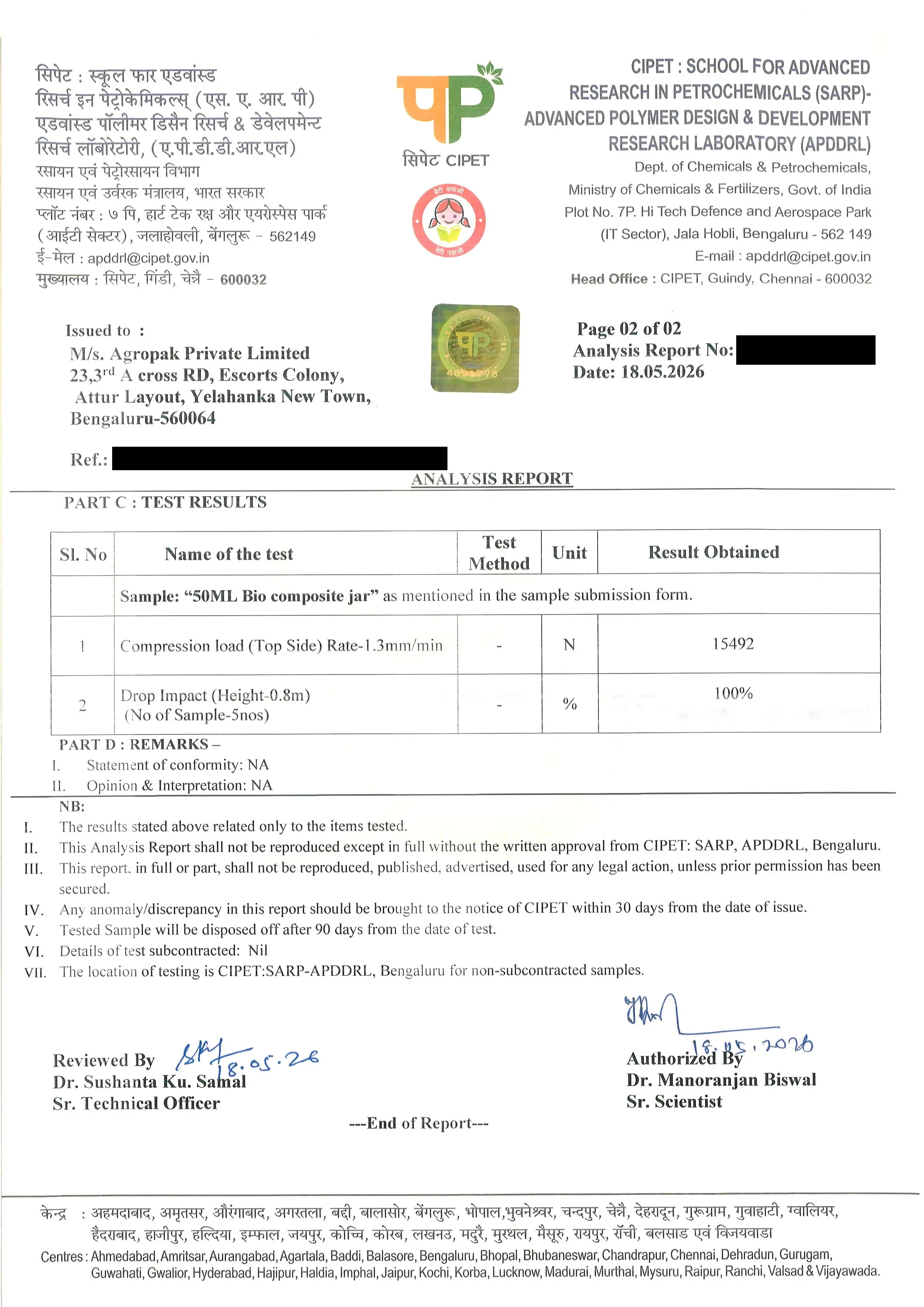 CIPET APDDRL test report — Part C: Test Results. Compression load: 15,492 N. Drop impact 0.8 m: 100%. Bengaluru, May 2026.