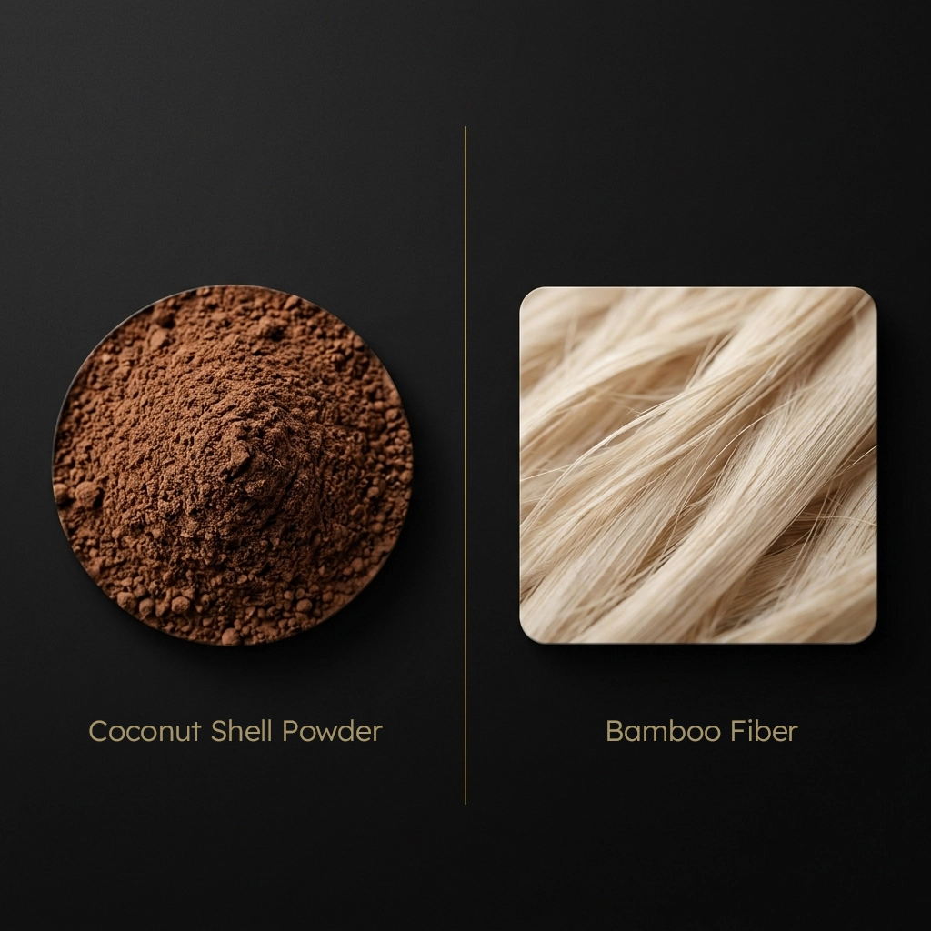 Coconut shell powder and bamboo fiber raw materials for Agropak bio-composite